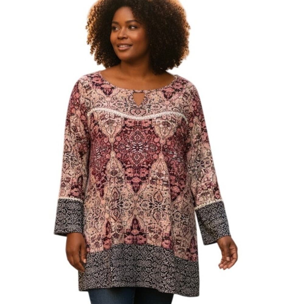 Style & Co Woman Mixed Tribal Print Top Womens Size 2X Boho Peasant Crochet